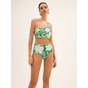 Commense Floral One Shoulder High Waist Bikini Set Green White Swimsuit M‎